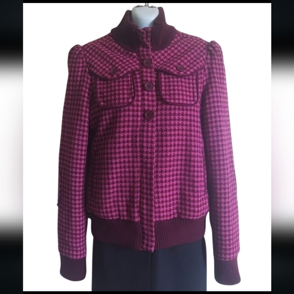 Billabong Lumber Jane Pink Plaid Tartan Wool Houndstooth Bomber Jacket Coat - Picture 2 of 16